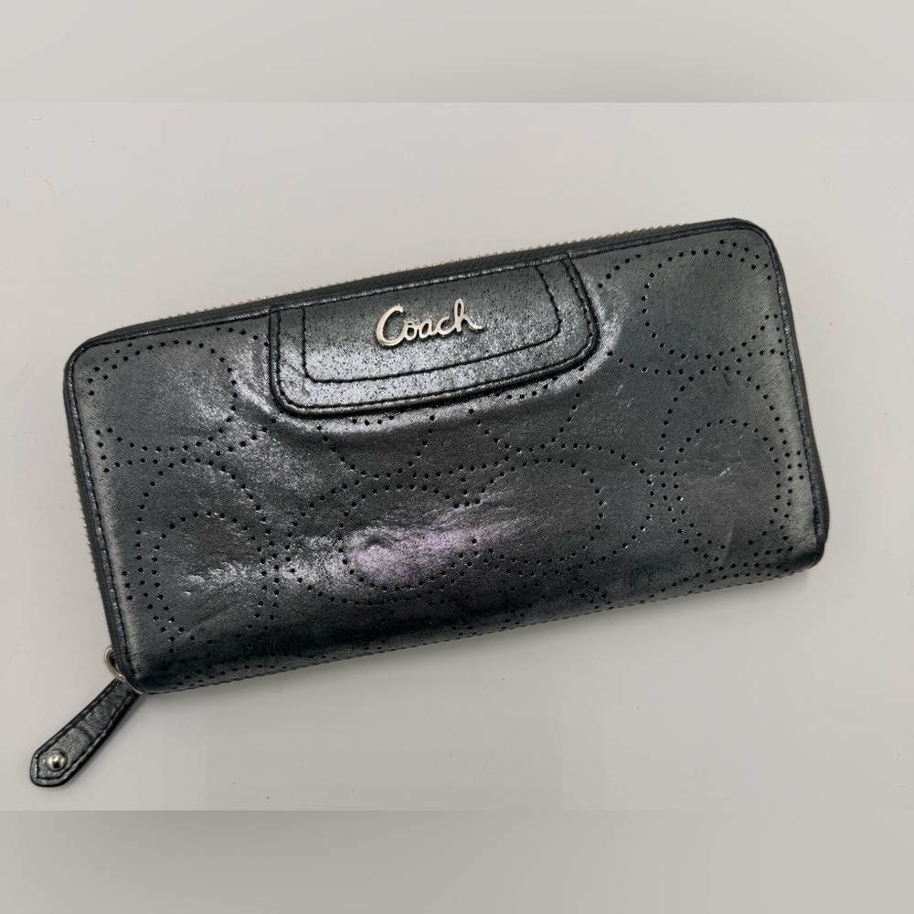Coach Ashley Metallica Silver Gray Perforated Wallet